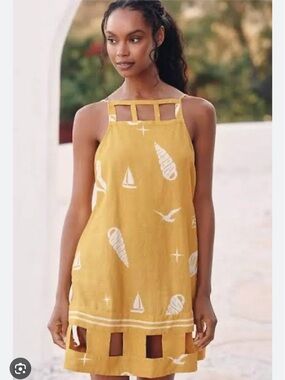 Women's Mustard Yellow Mini Dress with Nautical Print